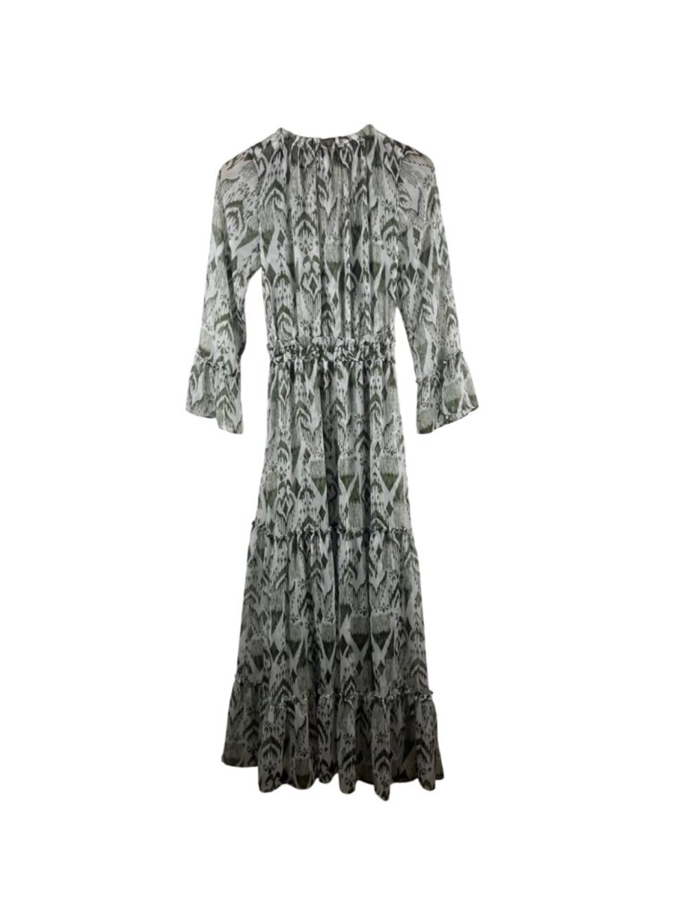 MISA Los Angeles Hadeya Green White Ikat Print Tiered Midi Dress Ruffles Small - Picture 9 of 13